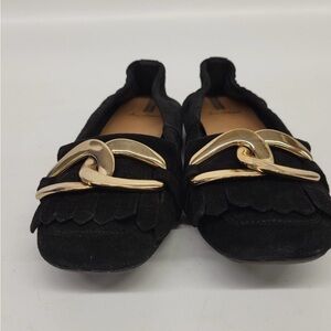 Sam Edelman Black Suede Loafers with Gold Chain